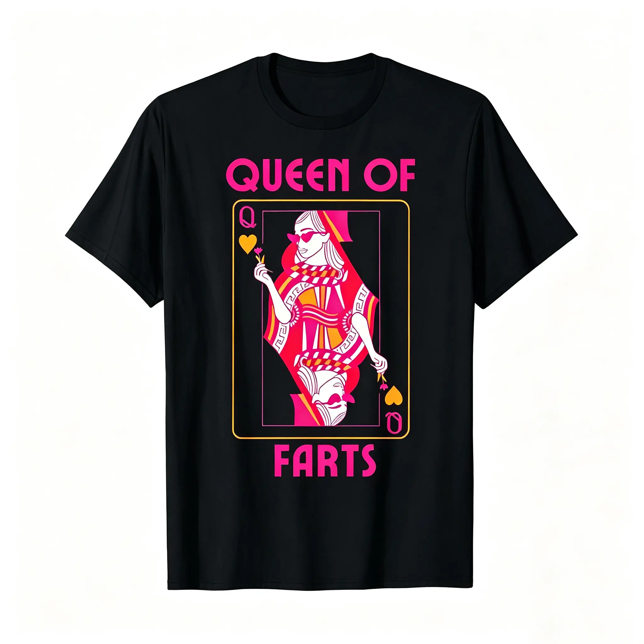 Queen Of Farts Funny Pink Queen Heart Playing Card Graphic T-Shirt, Sassy Humor Retro Vintage Card Design Casual Short Sleeve Tee For Women