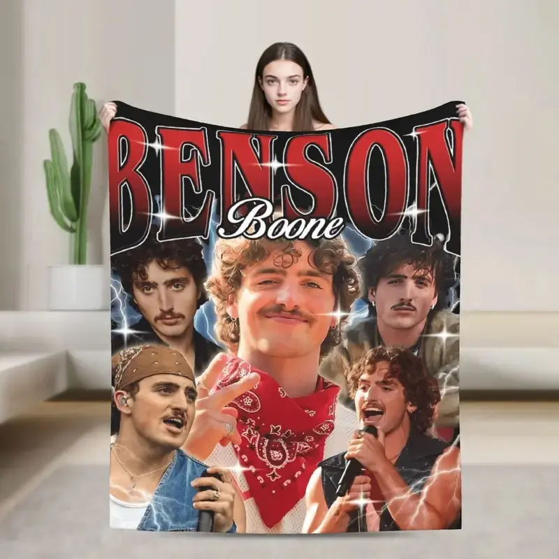 Benson Boone Flannel Throw Blanket Black Lightning Background Retro Collage Portrait Real Photo Soft Fleece Blanket Teen Pop Singer Fan Bedroom Sofa Decor Gift for Benson Boone Music Fans