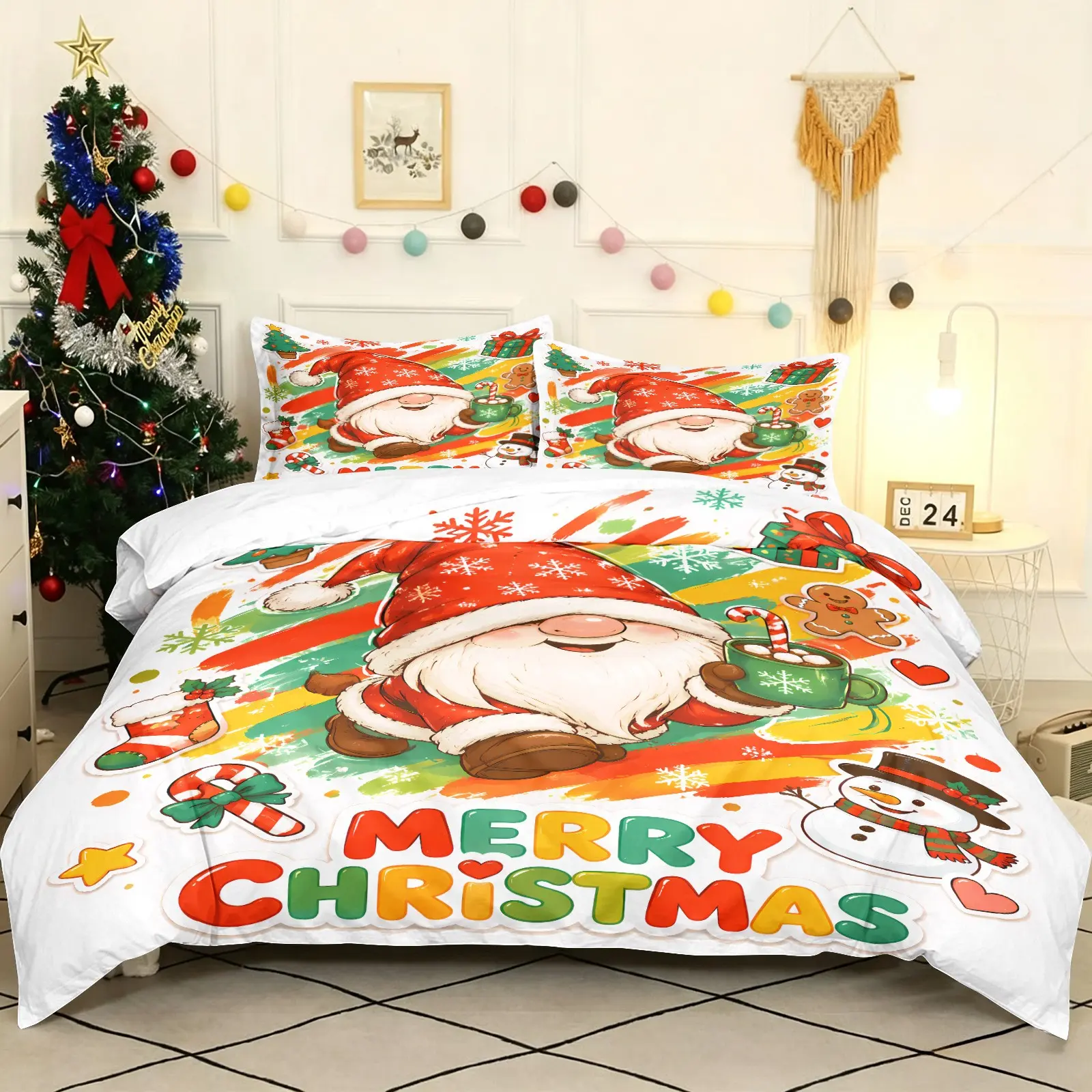 Colorful Brushstroke Santa Duvet Cover Set, Includes 1 Duvet + 1-2 Pillowcases, Cute Cartoon Winter Bedding, Merry Christmas Print, Kids' Holiday Bedroom Decor