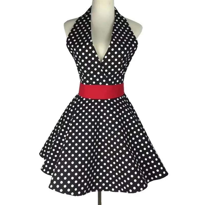 Vintage apron cotton fabric polka dot V-neck maid home daily use hotel adult work waist apron