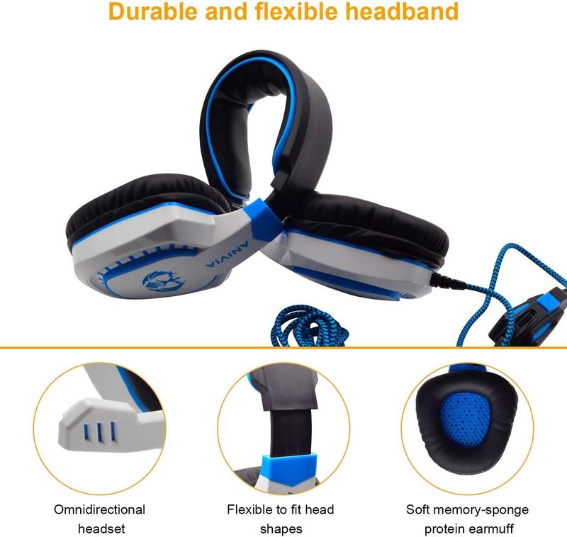 Stereo Gaming Headset for PC, Surround Sound Noise Isolation Wired Over Ear Headphones with Mic, Deep Bass, Soft Memory Earmuffs for Laptop Desktop Computer (White Blue)