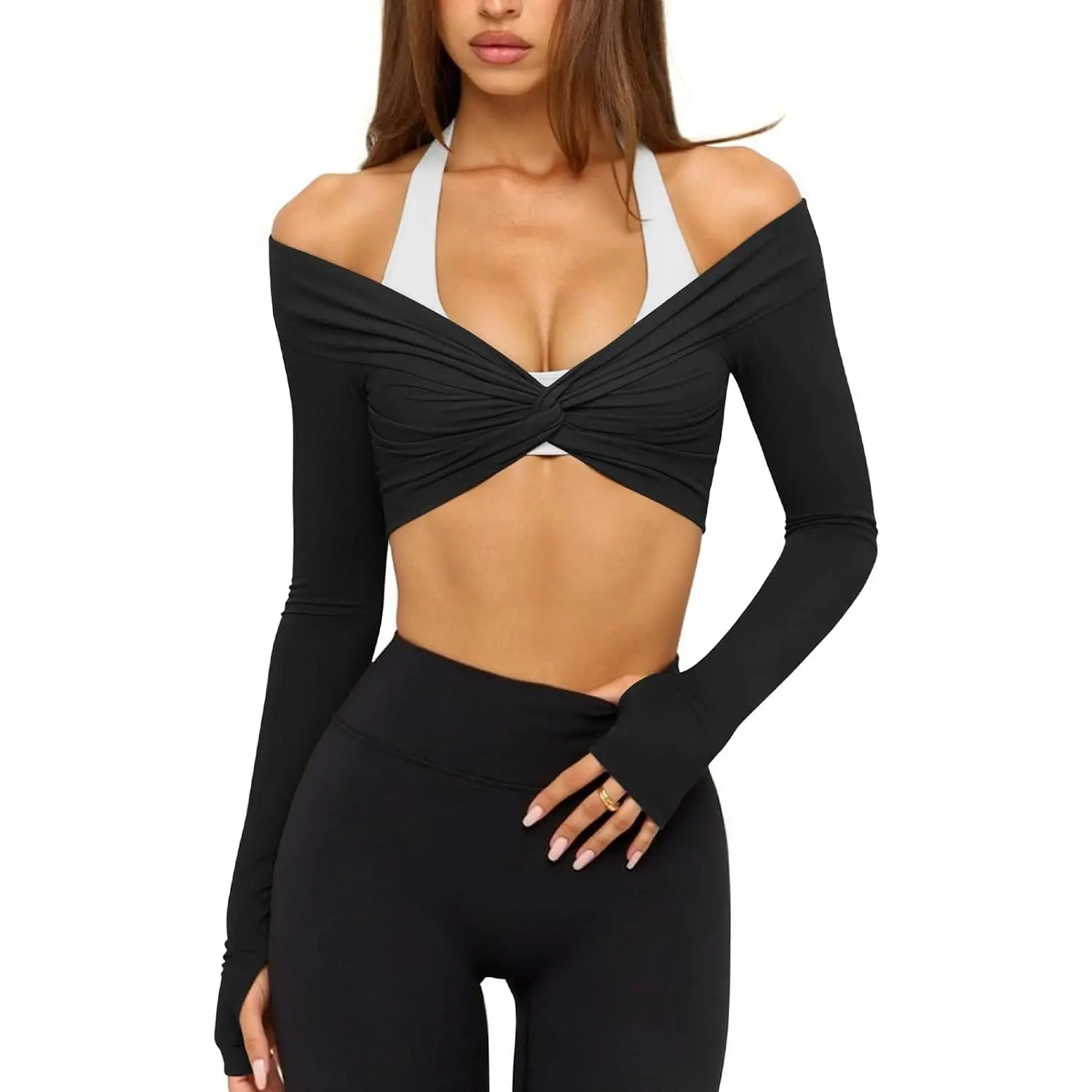 Womens Long Sleeve Workout Tops Sexy Off the Shoulder Bolero Shrugs Yoga Gym Ballet Wrap Tops Pilates Outfits