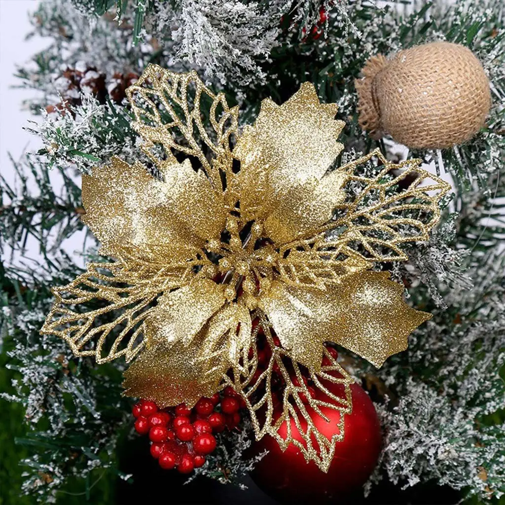 (10pcs) Artificial Christmas Tree Flower Glitter Decorations, Xmas Ornaments, Ornament Set, New Year Gift, Elegant Holiday Decoration
