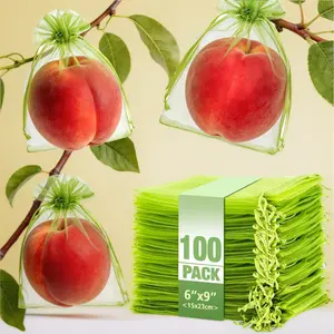 100 Pcs Drawstring Fruit Protection Bags, 6*9 Inch Green Mesh Fruit Net Covers, Anti-Bird Anti-Insect Garden Protective Bags for Fruit Tree, Tomato, Strawberry, Apple, Cherry, Grapes and Vegetables
