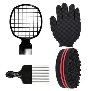 Hair Twist Curl Comb Sponge Glove Set, Curl Defining Brush, 4 Counts Flexible Styling Tool Set, Heatless Styling Tool, Hair Care Tool