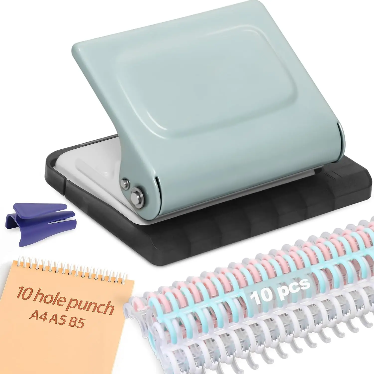 10 Hole Punch Binding Machine for Planners with 10 Multi-Color Binder Rings, 30 Holes on A4, 20 Holes on A5, 26 Holes on B5, 10 Sheet Capacity (Pale Blue)