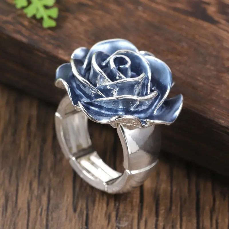 Vintage Enamel Blue Rose Statement Ring for Women | Rococo Style European & American Elegant Jewelry | TikTok Live Cross-Border Accessory
