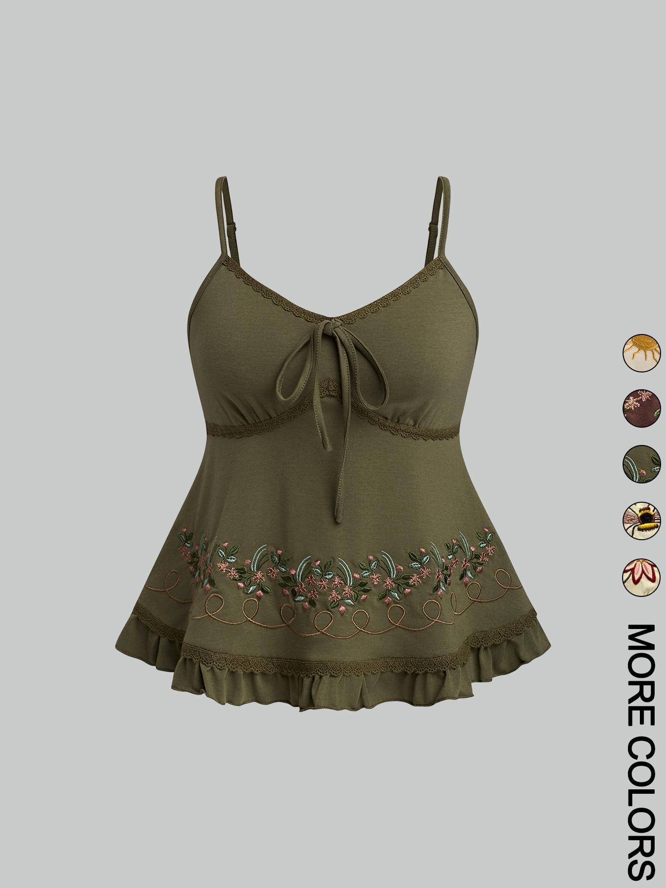 1 Pc Women's Floral Embroidered Ruffled-Hem Fitted Sleeveless Camisole, Casual Soft Stretchy Fabric with Adjustable Straps, Cute Embroidery Patterns (Flower/Bee/Sun), Lace-Trim Babydoll Top, Multiple Design Options