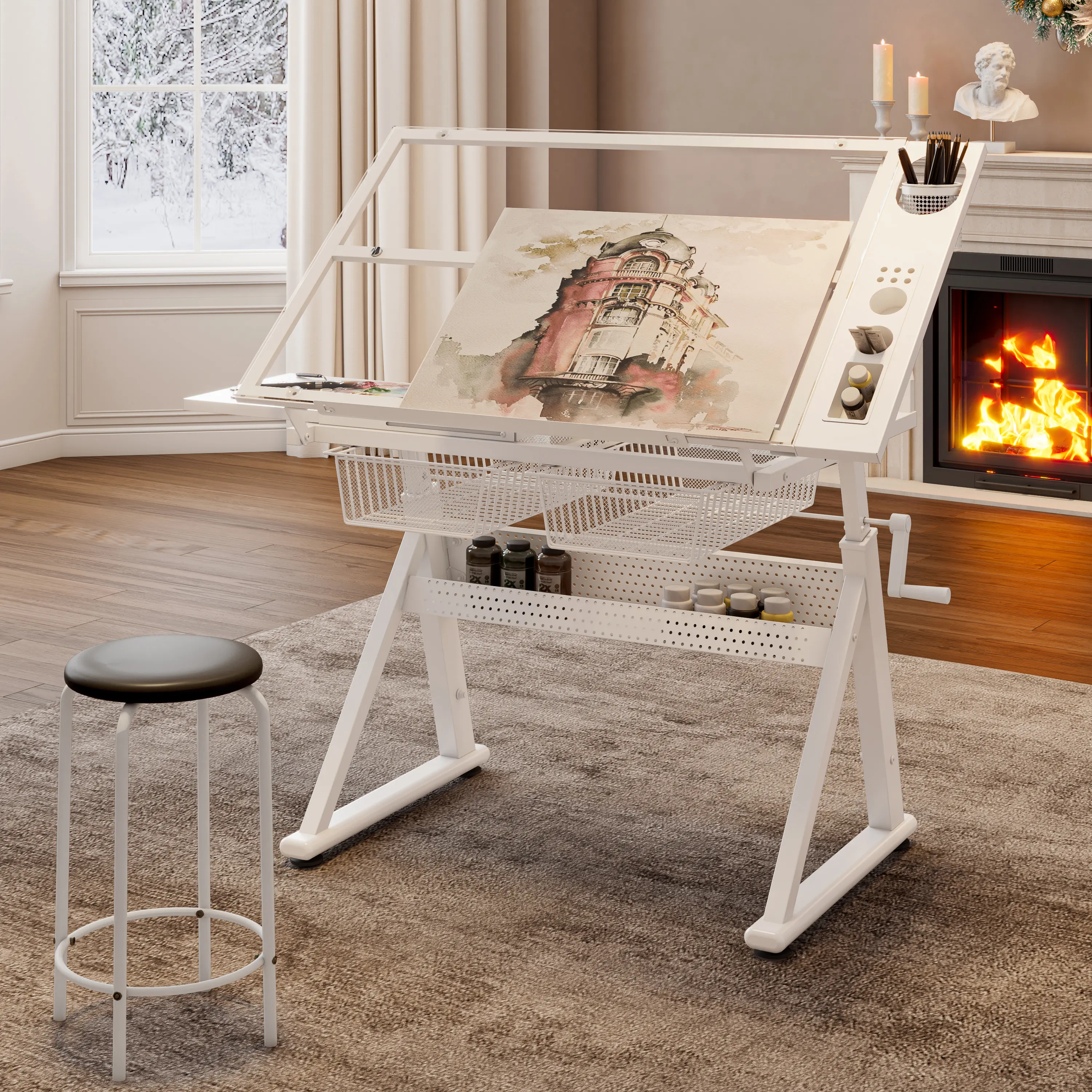 Nokaa Adjustable Height Drafting Table with Hand Crank Lift, 29.5-37.8in Height Range, 0-70° Tilting Tempered Glass Top, 2 Metal Drawers, Side Storage, Includes Stool, White Glass/Metal Office Furniture for Drawing, Study