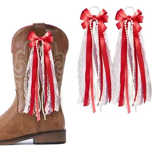 Red Ribbon Bow Martin Boot Bows, Red White Buffalo  Boot Bows Glitter  Lace Holiday Birthday School Accessory Decor