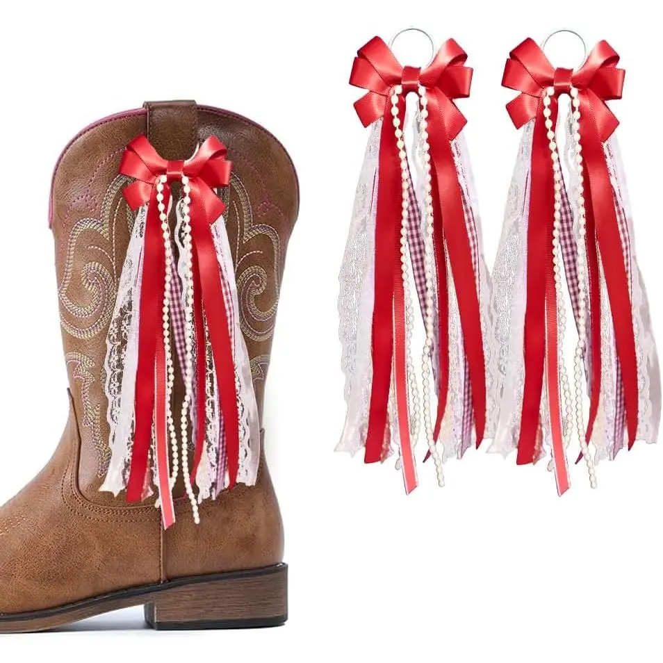 Red Ribbon Bow Martin Boot Bows, Red White Buffalo  Boot Bows Glitter  Lace Holiday Birthday School Accessory Decor