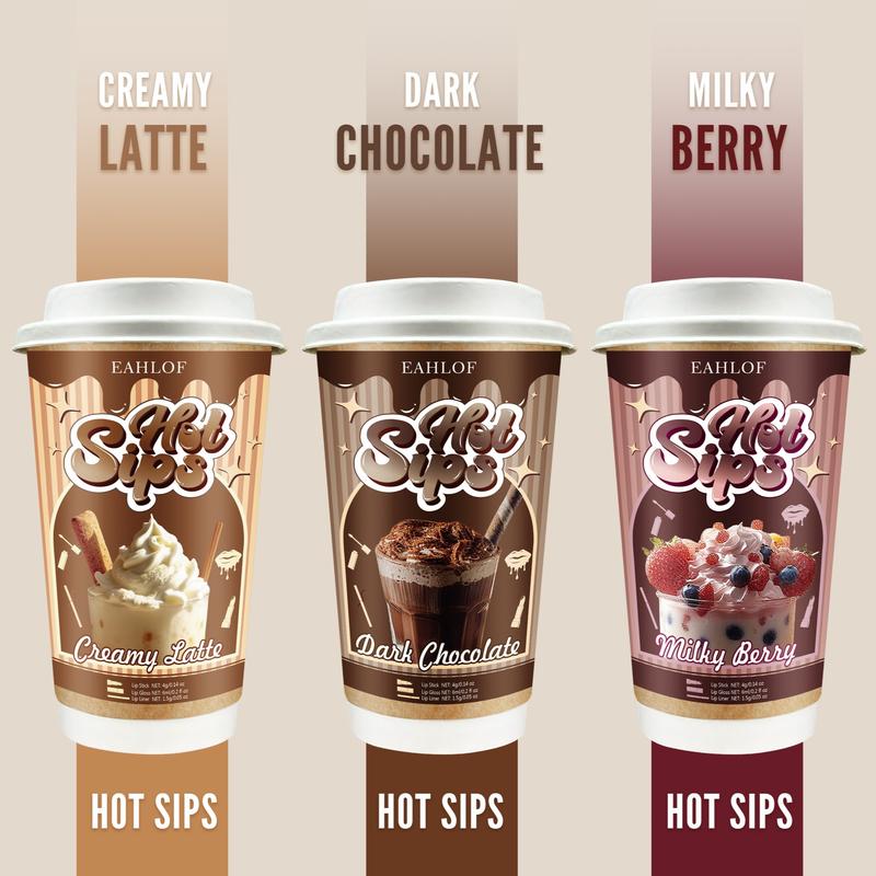 3pcs Hot Sips Coffee Lip Kits | Velvet Matte Trio(Liner+Stick+Gloss) | Day&Night Look