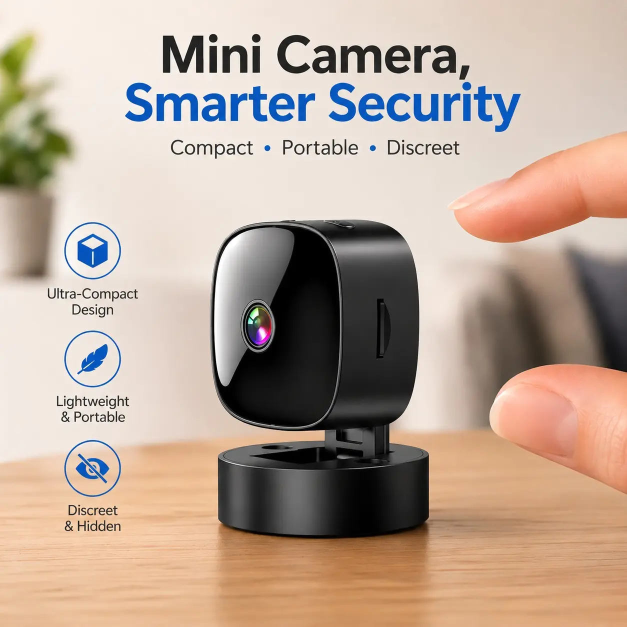 Mini Smart Camera, Modern Design, Wireless Setup, Motion Detection Alerts, Remote Viewing, Home Security, Pet & Baby Monitoring