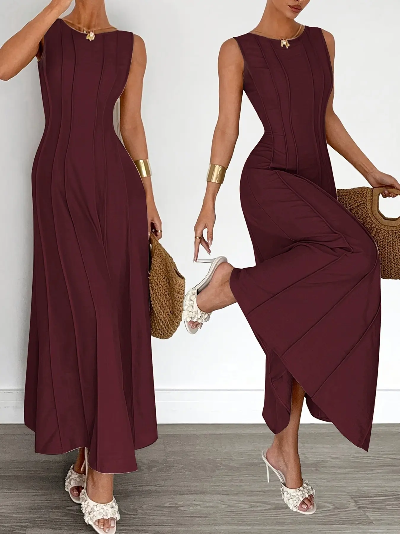 Women's Round Neck Sleeveless Vertical Stripe Dress, Slim Fit Beach Vacation Casual Wear, Essential Plain Color Dress for Summer Beach Holiday Dress, Beach Style Dress