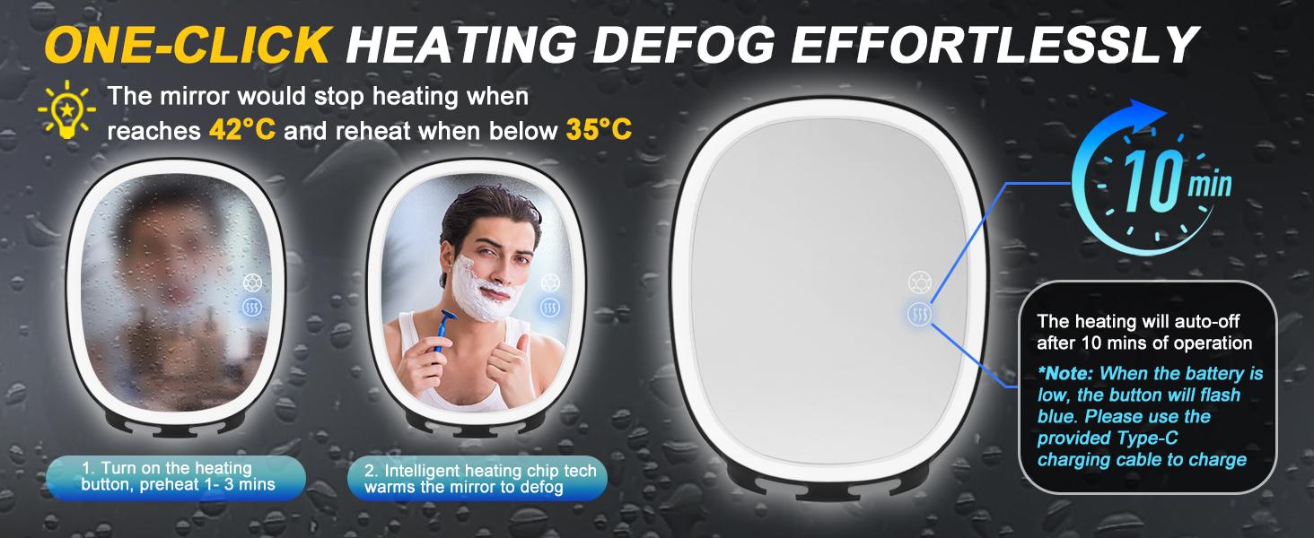 Shaving Mirror for Shower Fogless, Heated Anti-Fog Mirror with 3-Color Dimmable LED Lights, 360° & 2 Weeks Runtime 5000mAh, Shower Mirror for Shaving Men, 2 Razors Holders