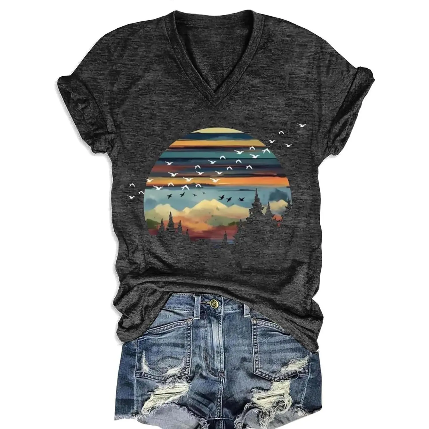 Vintage Boho V-Neck Floral Print Short Sleeve Top for Women, Spring Summer Casual Tee Shirt