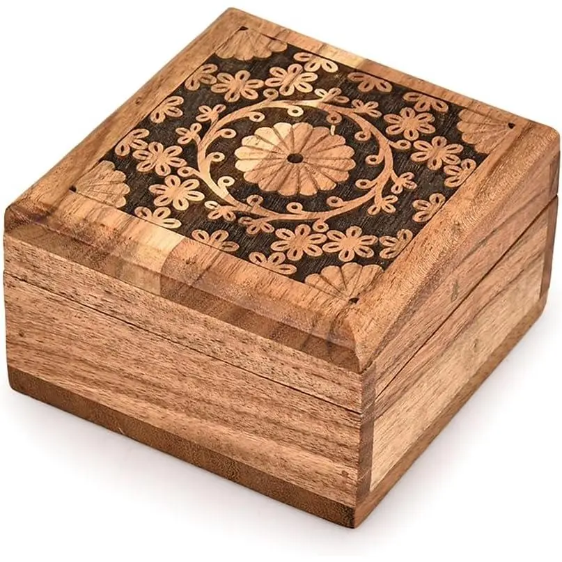 Boxes Acacia  Wooden Box -Decorative  Storage Box - Antique for Keepsakes, Father's Day, Mother's Day, Anniversaries (4" x 4" x 2.5")