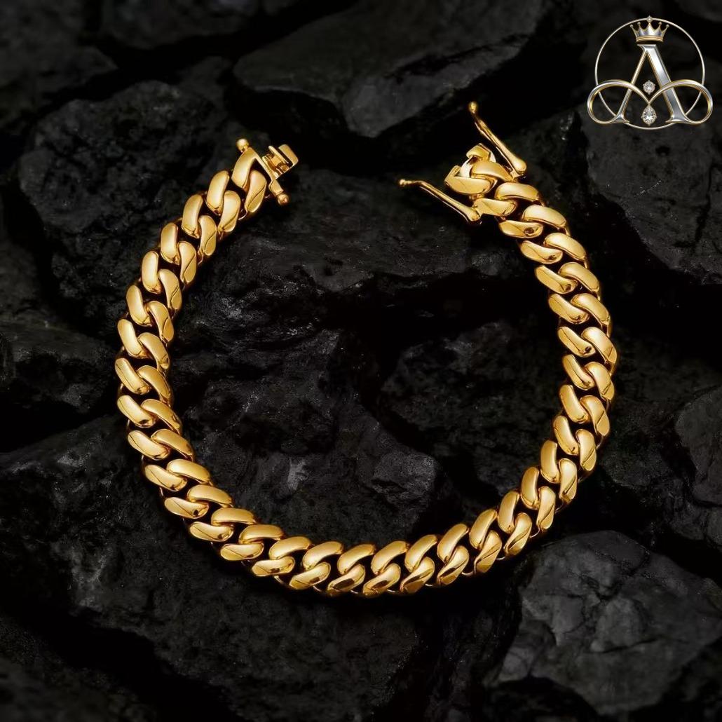Aurelia Crest  Solid Cuban Chain Bracelet Miami Cuban Link Chain Hip Hop Men Women Fine Jewelry Gift