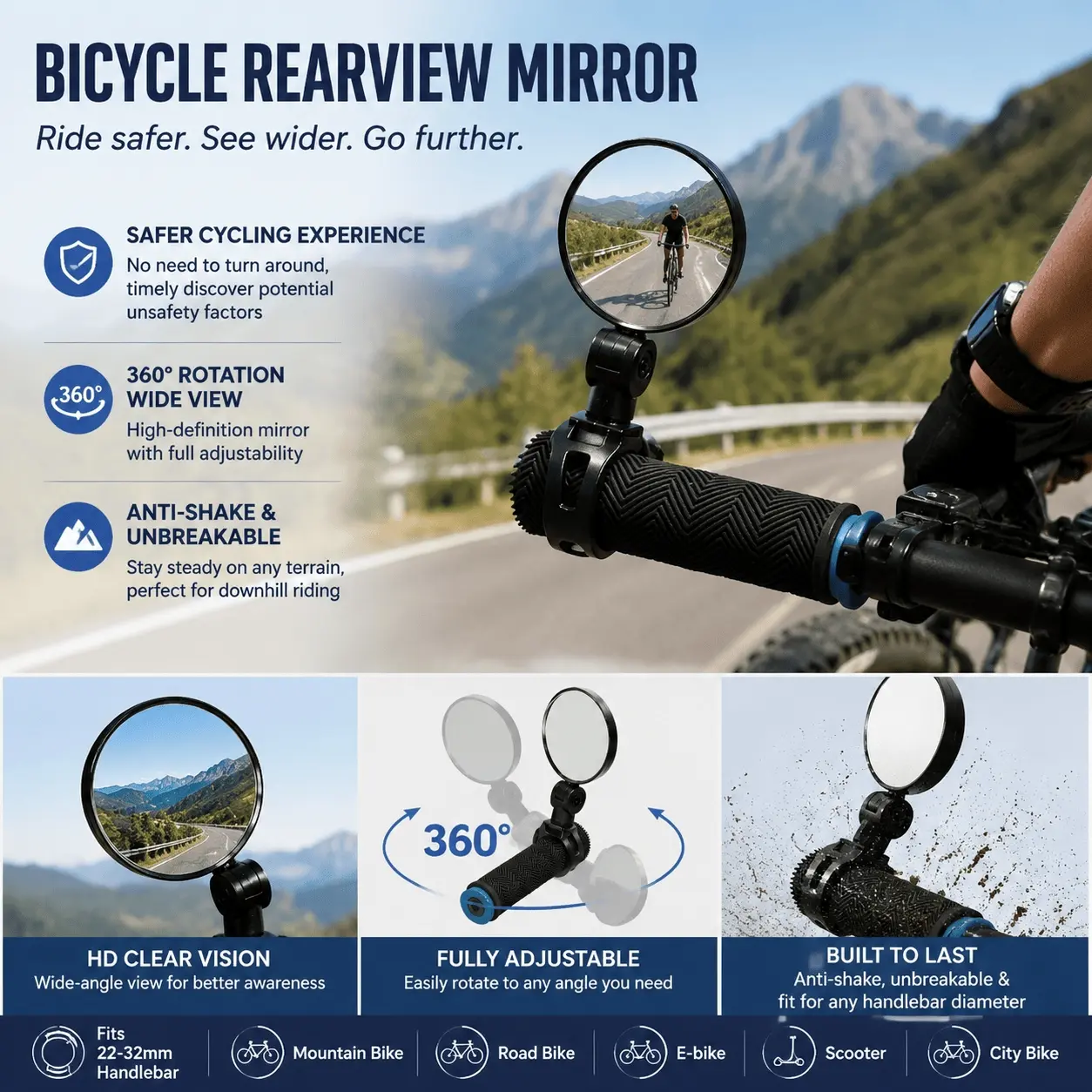 Wide Angle Bike Mirror: Universal Handlebar Safety Gear for Road & Mountain Bikes, Non-Slip Sturdy Mount, HD Lens for Enhanced View, 5cm & 8cm Options, Outdoor Cycling Safety Tool