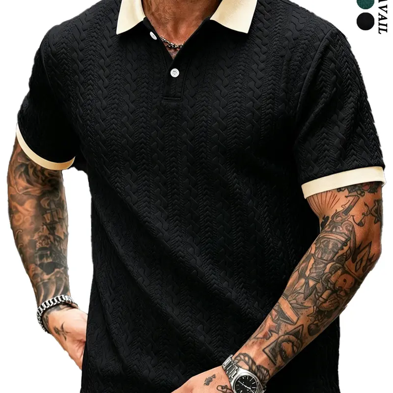 Men's Textured Knit Polo Shirt, Short Sleeve Colorblock Neck Casual Golf T-Shirt, Vintage Jacquard Pattern Daily Wear Top, Knitted Polo Shirt