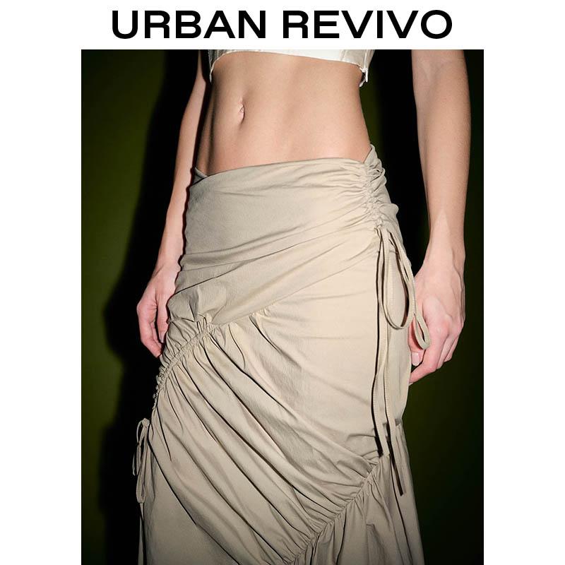 URBAN REVIVO High-Slit Beige Midi Skirt - Ruched Waist Flowy Silhouette for Effortlessly Chic Women Sense Deconstructed Pleated Fish Tail Half Skirt UWJ540010 SpringStatements