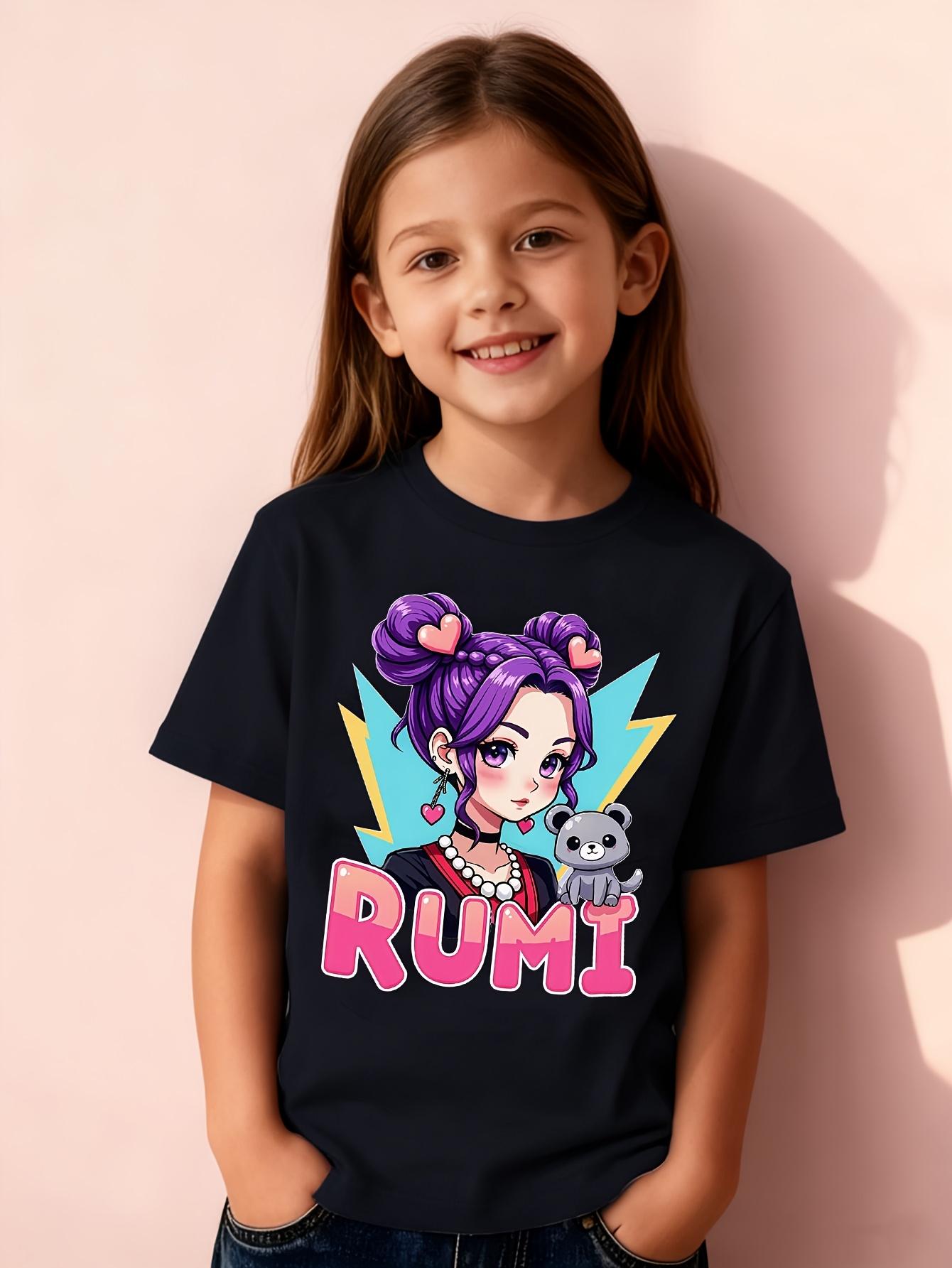 1[1-Piece] Girls' Creative "Rumi Purple Power Cartoon" Print Summer Short-Sleeve T-Shirt, Pink, White, and Other Series Printed Short-Sleeve T-Shirt Top Base Layer, 100% Polyester Fiber, Slightly Stretchy Crew Neck Regular Fit Sporty Casual Pullover