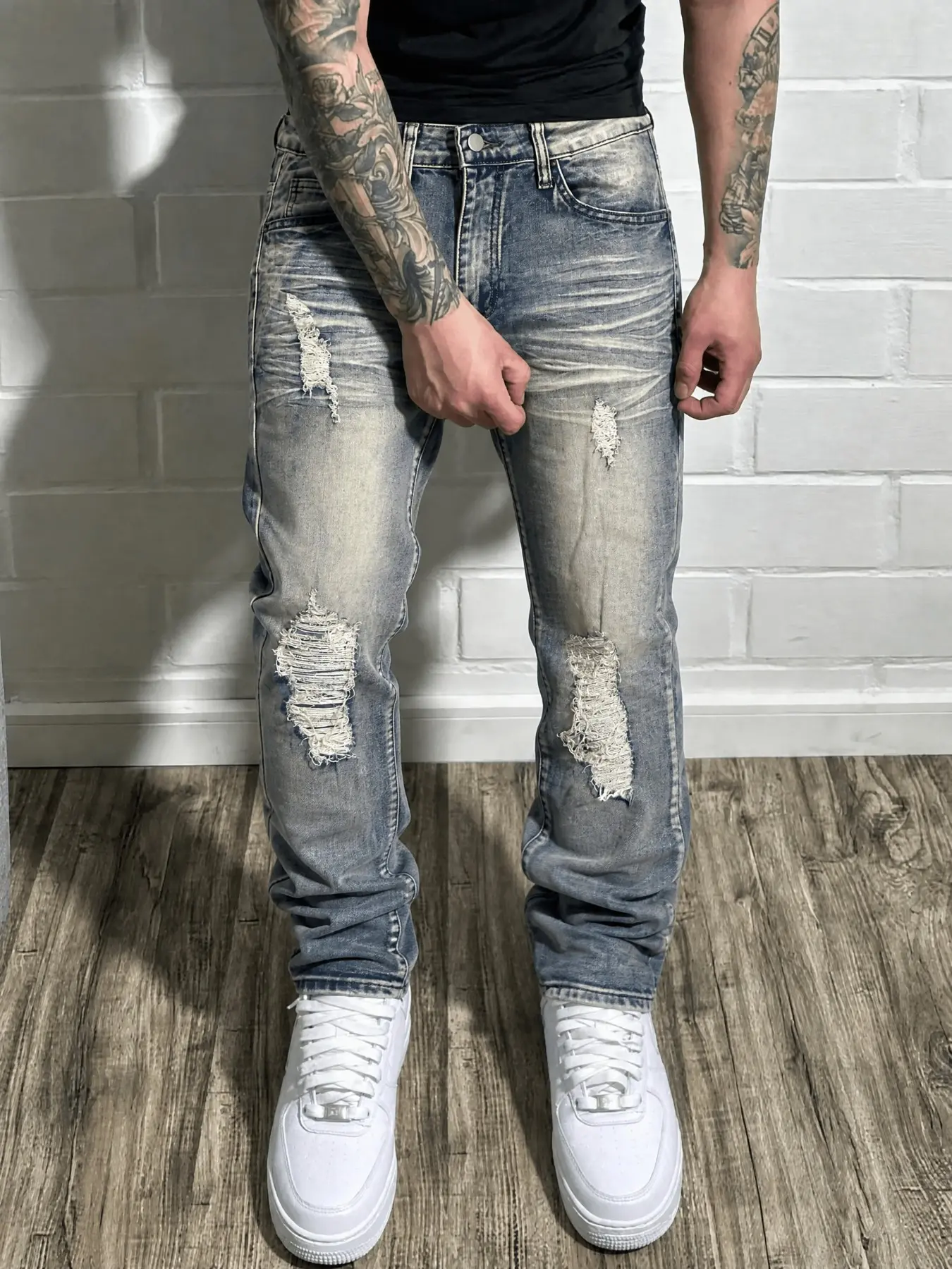 Men's American Style Trendy Graduated Washed Ripped Slim Fit Stretch Straight Leg Jeans, All Season Casual Denim Jeans