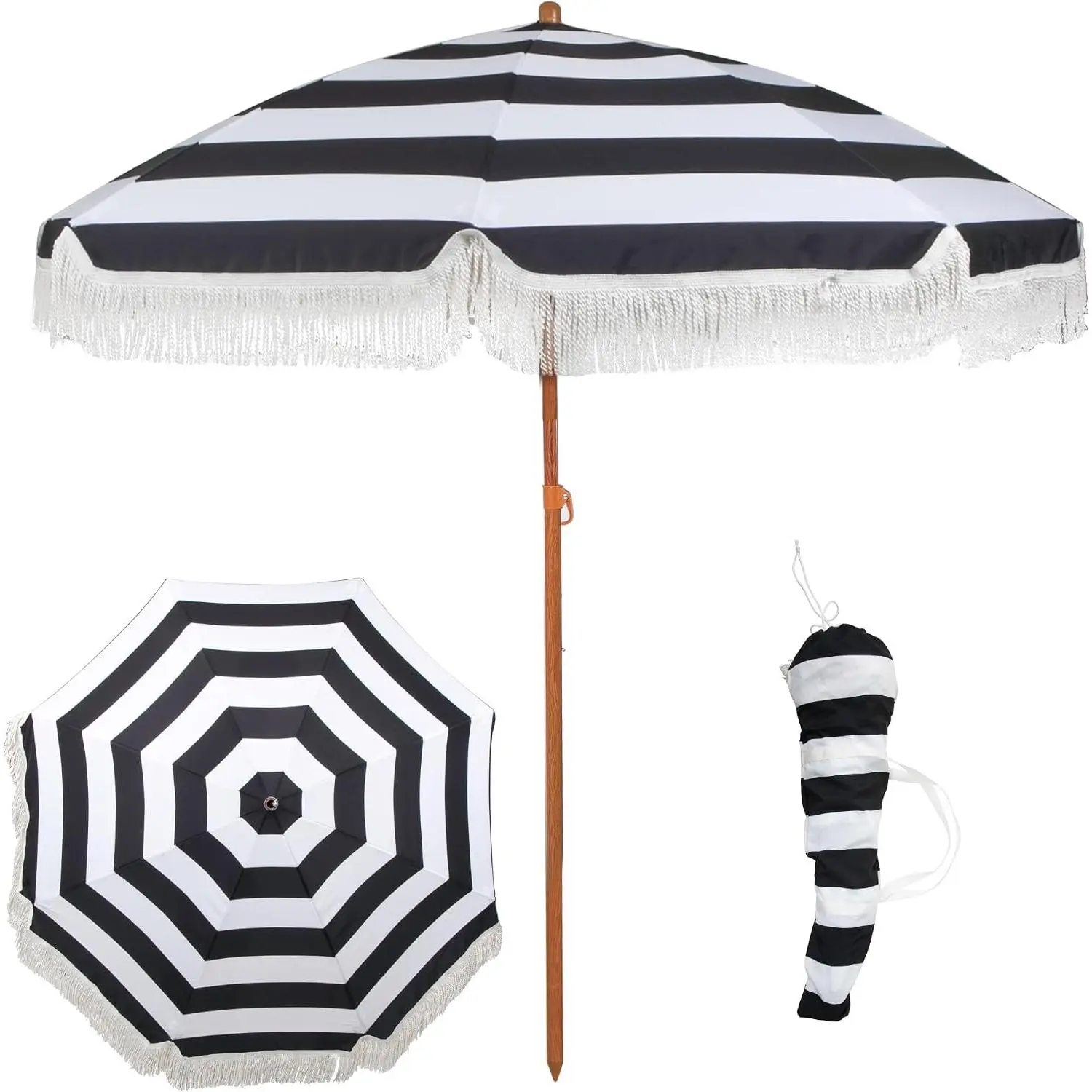 6 Ft Fringe Patio Umbrella - Outdoor Umbrella for Patio, Pool, Table, Garden, Deck, Beach, and Outdoors - Fashionable Boho Vintage Tassels & Wood Print - Push Button Tilt Pole