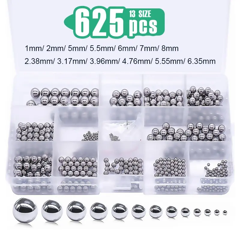 625PCS 13 Sizes Bicycle Bearing Balls Carbon Steel Precision Steel Balls Stainless Steel Assorted Loose Kit 1-8mm,1/4"-3/32"