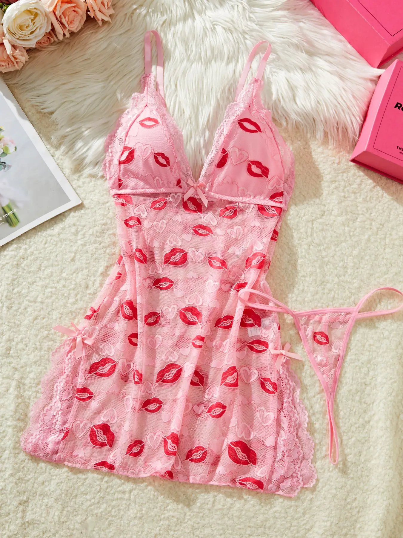 Women's Sexy Lingerie Set, Lace Trim Split Nightgown with Thong, Lip Print and Heart Pattern, Loose-Fitting, All Seasons