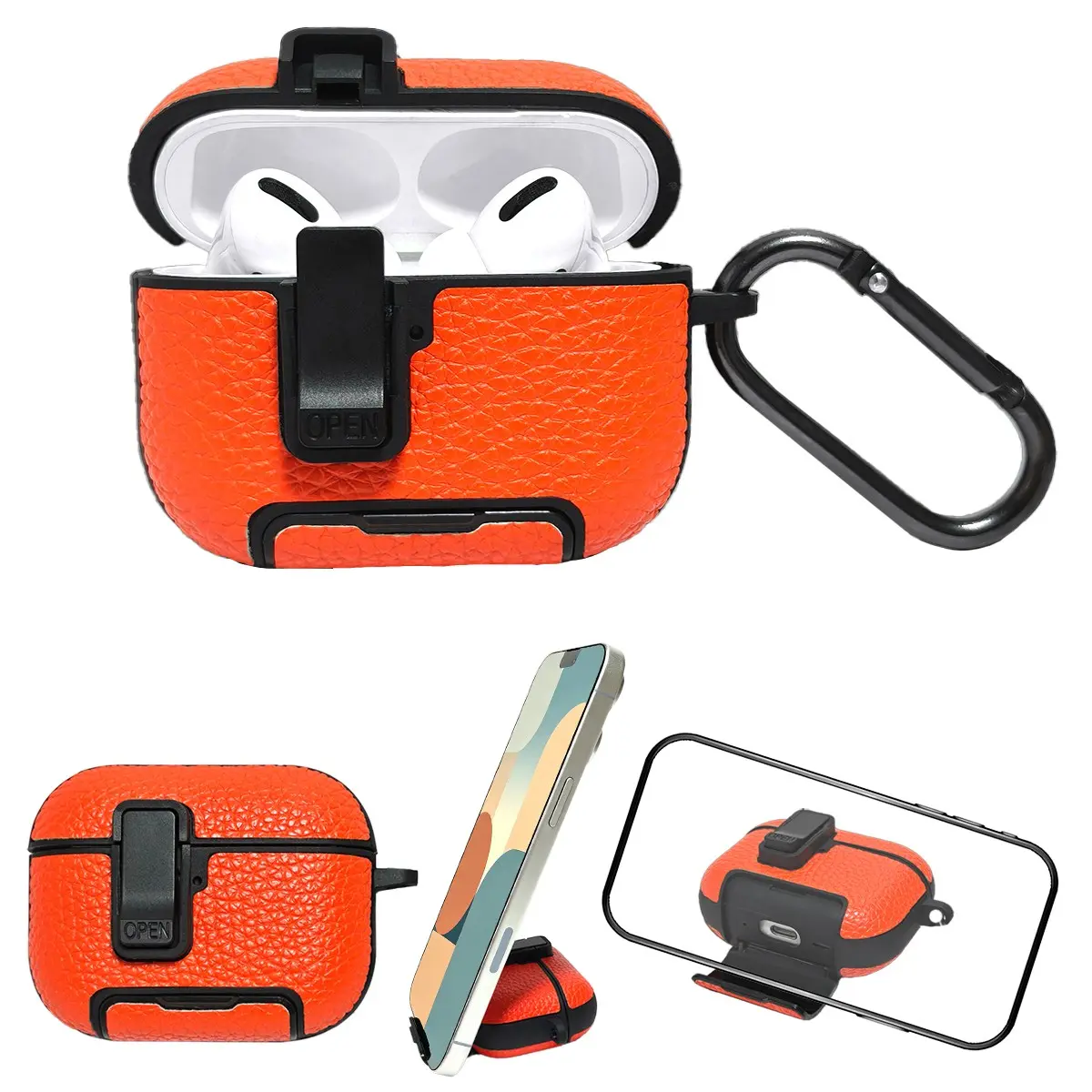 Multi-Functional Safety Lock Case for AirPods Pro3/pro2, Leather Texture, Hidden Foldable Phone Stand, Dust Plug, Shockproof, Fits AirPods 4