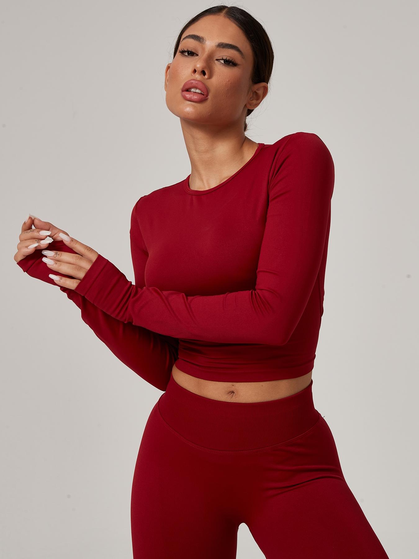 Women's Seamless Knitted Long-Sleeved Sports T-Shirt, Slim-fit, slimming, waist-cinching, Quick-drying, elastic thumb holes, Sports tight-fitting, breathable running, Yoga wear, Gym Tops, Fitness Running Tops