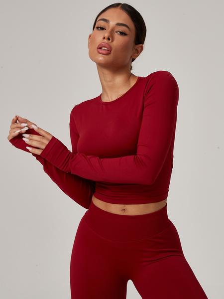 Women's Seamless Knitted Long-Sleeved Sports T-Shirt, Slim-fit, slimming, waist-cinching, Quick-drying, elastic thumb holes, Sports tight-fitting, breathable running, Yoga wear, Gym Tops, Fitness Running Tops