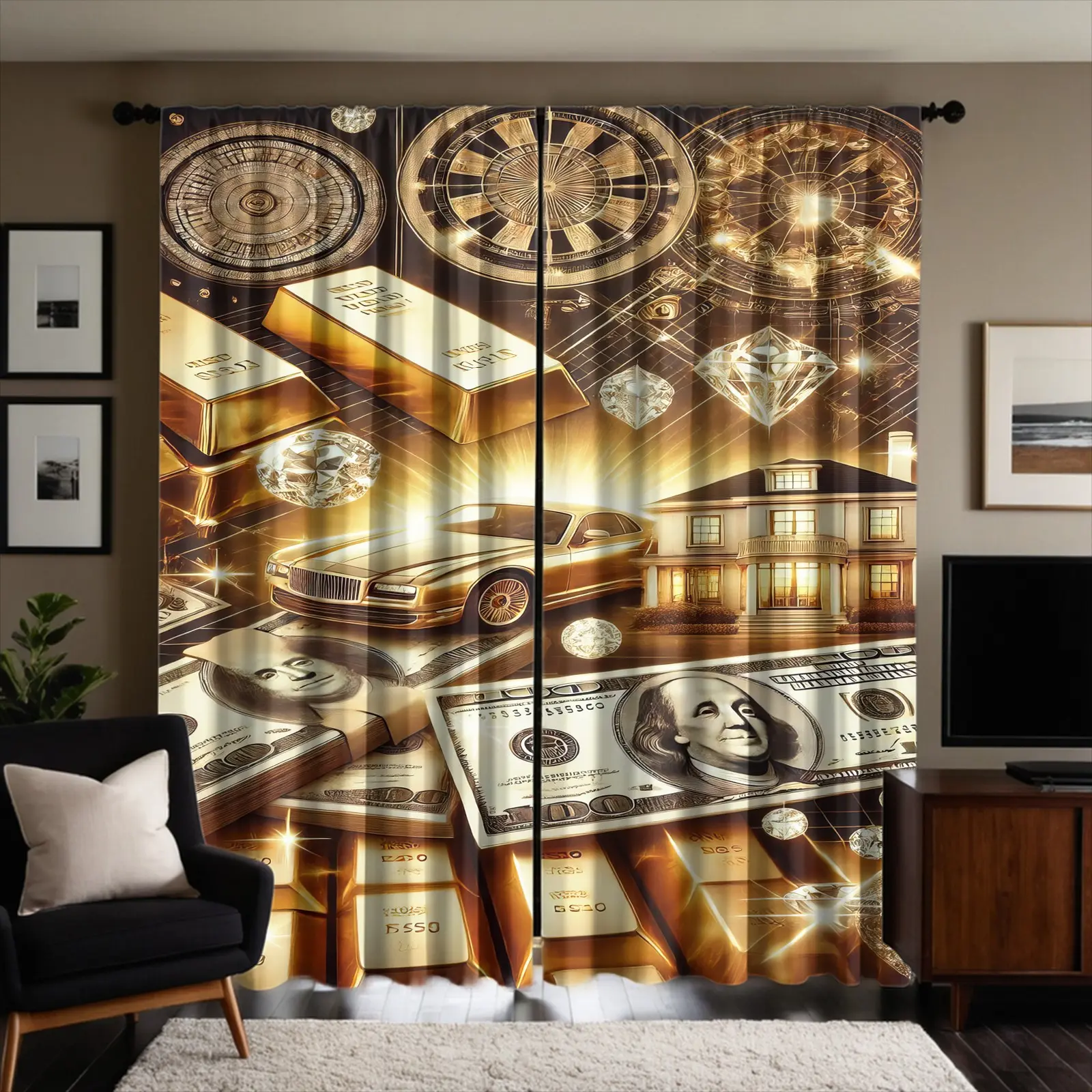 2 Pack Brushed Fabric Curtains, Wealth Theme Digital Print Window Drapes, Semi-Transparent & Fade Resistant, Through Rod Hanging Design, for Bedroom Living Room, Rich Dream Golden Home Curtains