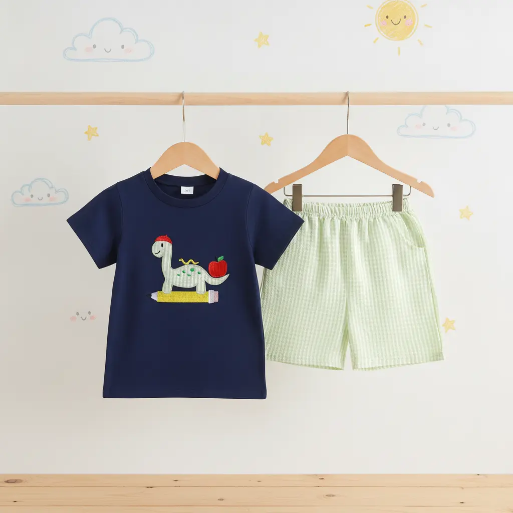 Kid Boy Back to School Shorts Set Outfits Short Sleeve Dino Embroidery T-Shirt + Shorts Set Toddler Clothes
