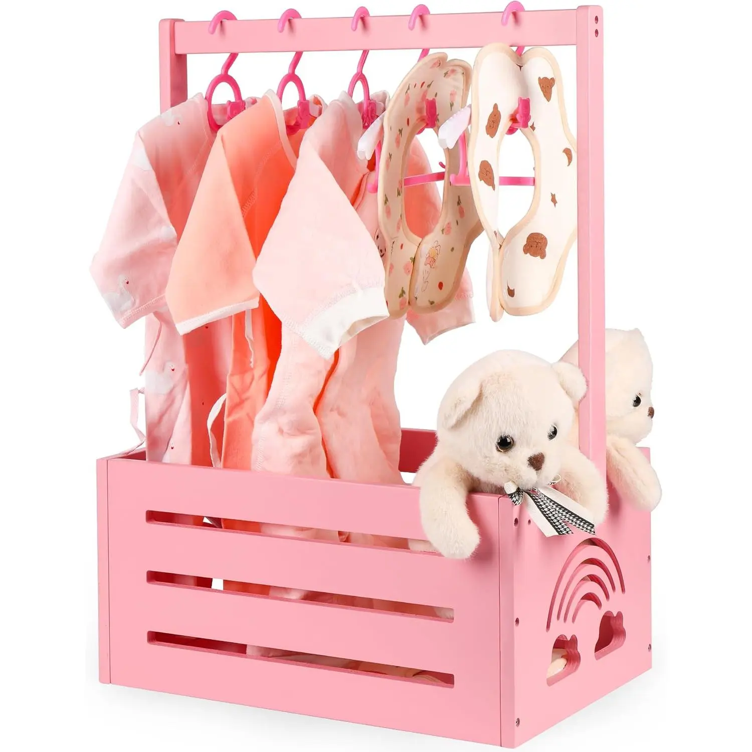 Wooden Baby Shower Crate Closet Basket - Handle, Smooth Surface, Round Edges, Textured Natural Wood, Dual Organiser - Baby Room Newborn Welcome Gift for New Parents (Blush Pink)