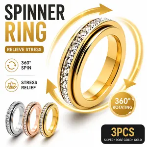 3-Pack Anxiety Rings for Women and Men Titanium Steel Spinner Fidget Band Rings with Cubic Zirconia for Stress Relief and Wedding Promise Comfort Fit （Sizes 5 to 12）