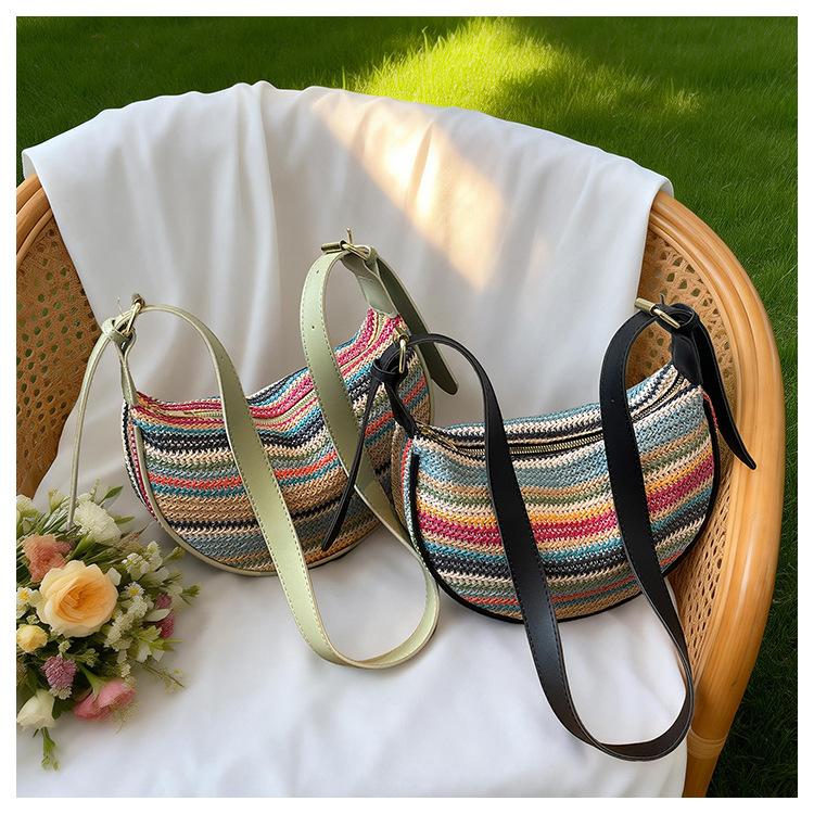 Summer Woven Bag for Women – New Style Large Capacity Cross-body Bag with Shoulder Strap – Rainbow Stripes Dumpling-Shaped Woven Fabric Tote for Daily Commuting