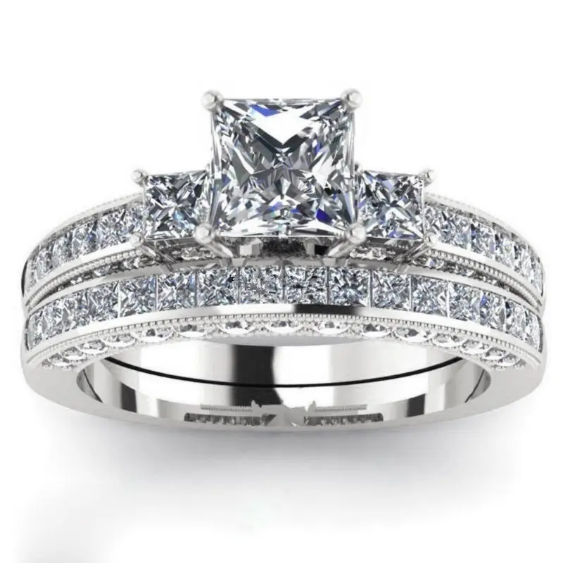 Fashion Geometric Square Three Stone Couple Ring Set Silver‑Tone Stackable Bands With Side Paved Zircon Sparkling Bridal Finger Jewelry Great For Engagement Wedding Ceremony Dating Couple Birthday Gift