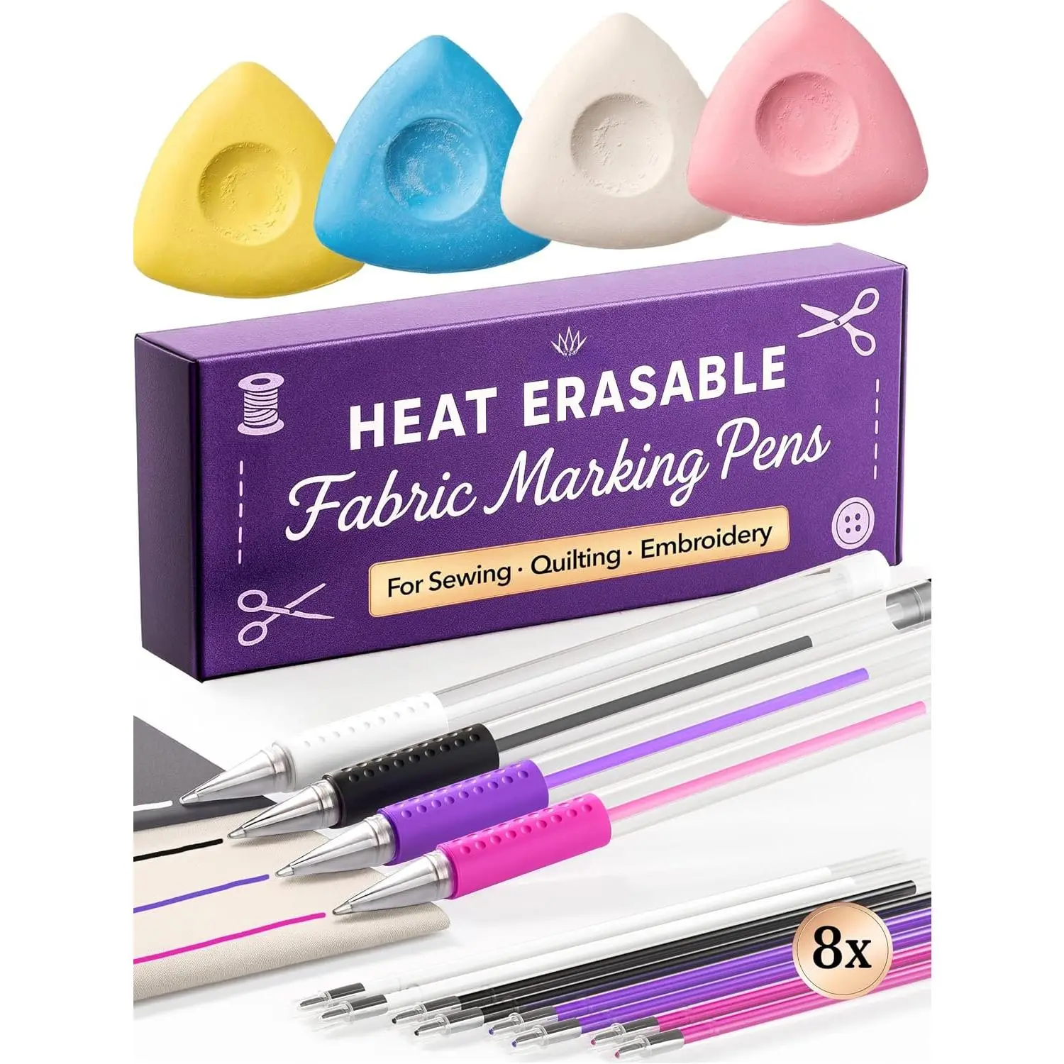 Chalk + Heat Erasable Pens Sewing Tool Kit - 4 Tailors Chalk, Disappearing Ink Pen, Synthetic Durable Supplies with Iron-convenience, Clean Marks, Smooth Finish for Fabric Marking, Quilting Beginners (Set Includes All Listed Items)