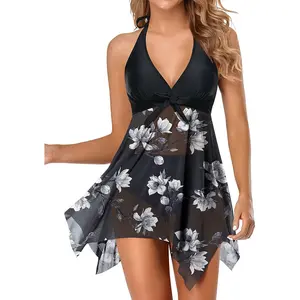 Holipick Women Two Piece Swim Dress Swimsuit Halter Bathing Suit Dress Mesh Tankini Top with Tummy Control Shorts