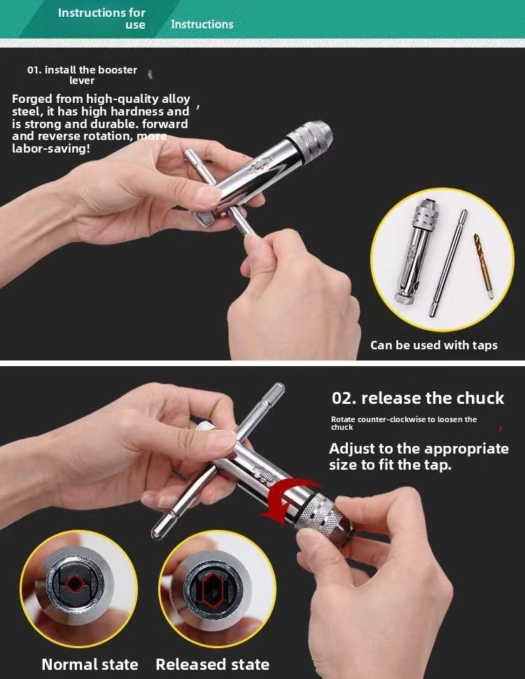 Hand Tap Wrench M3-M12 Adjustable Ratchet Tapping Handle T-Type Flat Wrench Manual Tapping Accessories