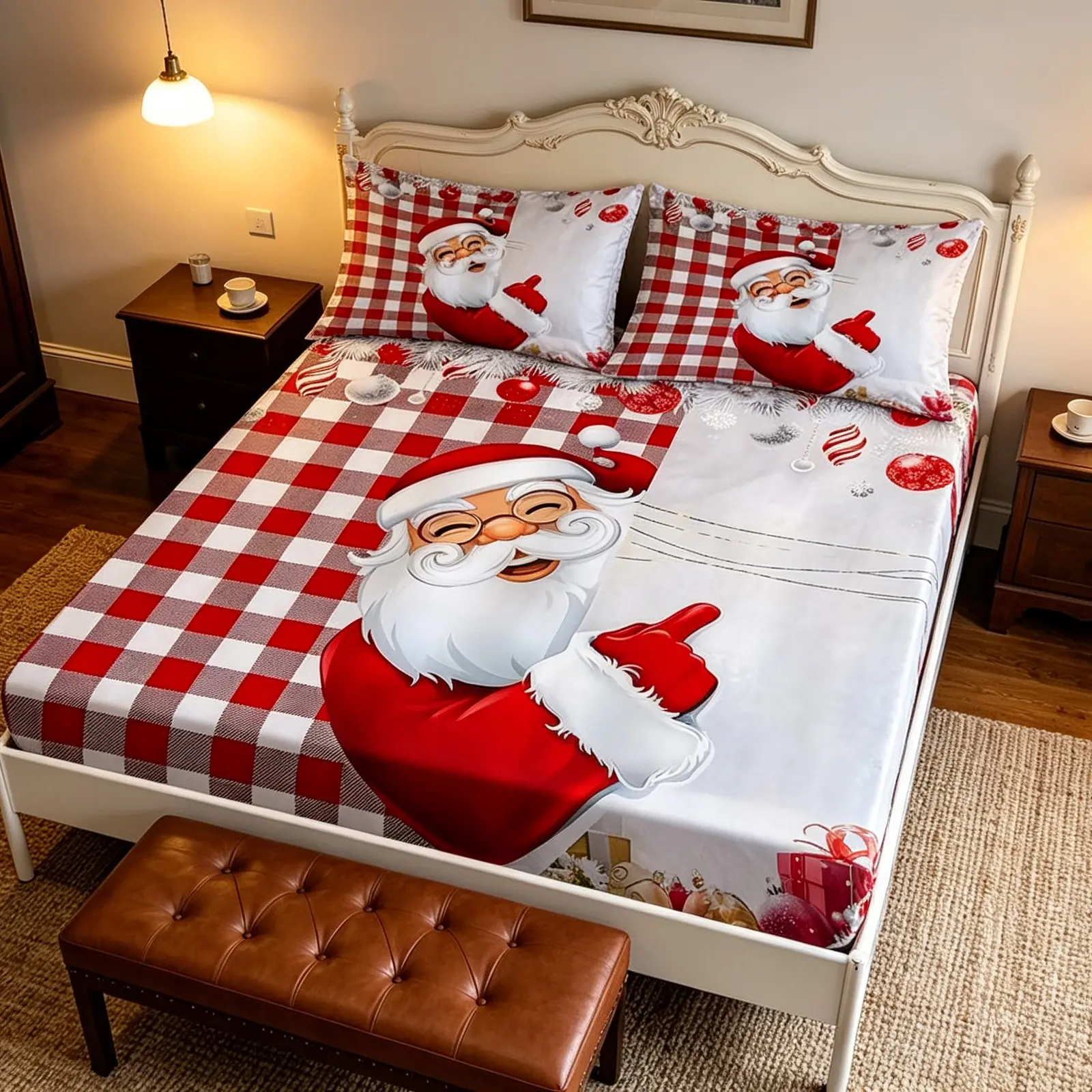 Christmas fitted sheet and three-piece bedding set - Santa Claus cartoon pattern, mattress protector (1 fitted sheet + 2 pillowcases, no core), stylish, soft, comfortable, home decoration, skin-friendly and breathable bedding, suitable for all seasons