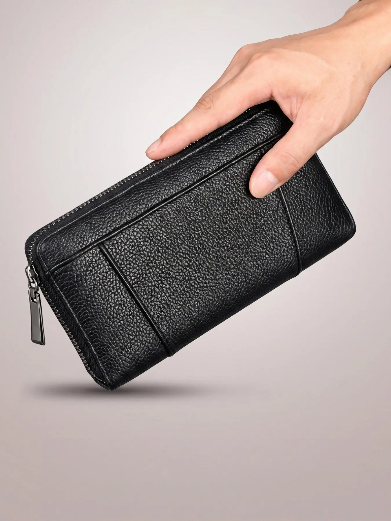 Men's RFID Blocking Pebbled PU Leather Long Zip-Around Wallet, Anti-Theft Clutch Purse with Detachable Wrist Strap, 8 Card Slots 2 Hidden Pockets Inner Zipper Compartment, Large Capacity Fits Smartphone Cash, Business Casual Daily Travel Wallet