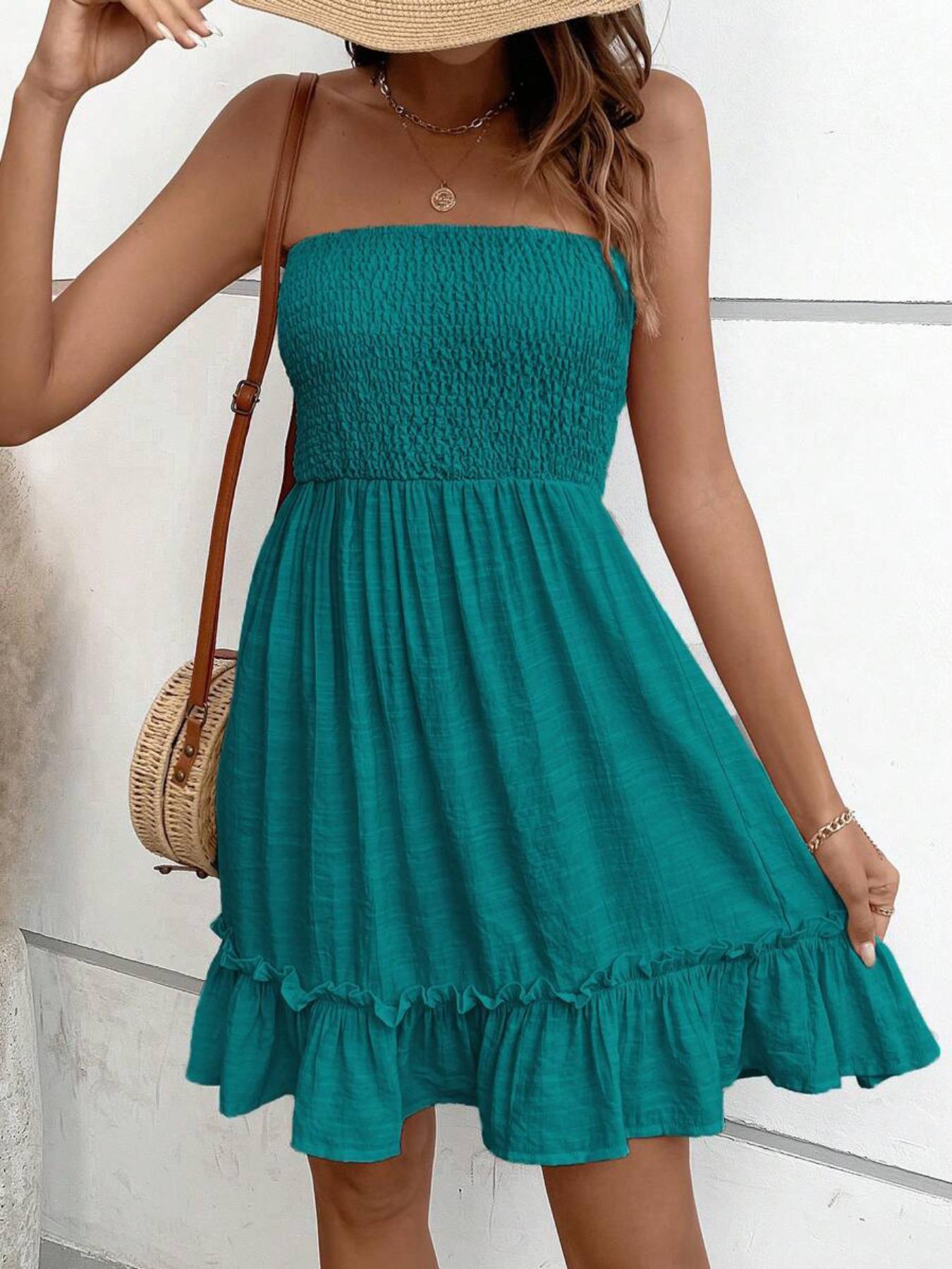 Women's Plain Shirred Tube Dress, Elegant Strapless  Dress for Party Holiday Wedding Guest, Ladies Summer Clothes, Womenswear