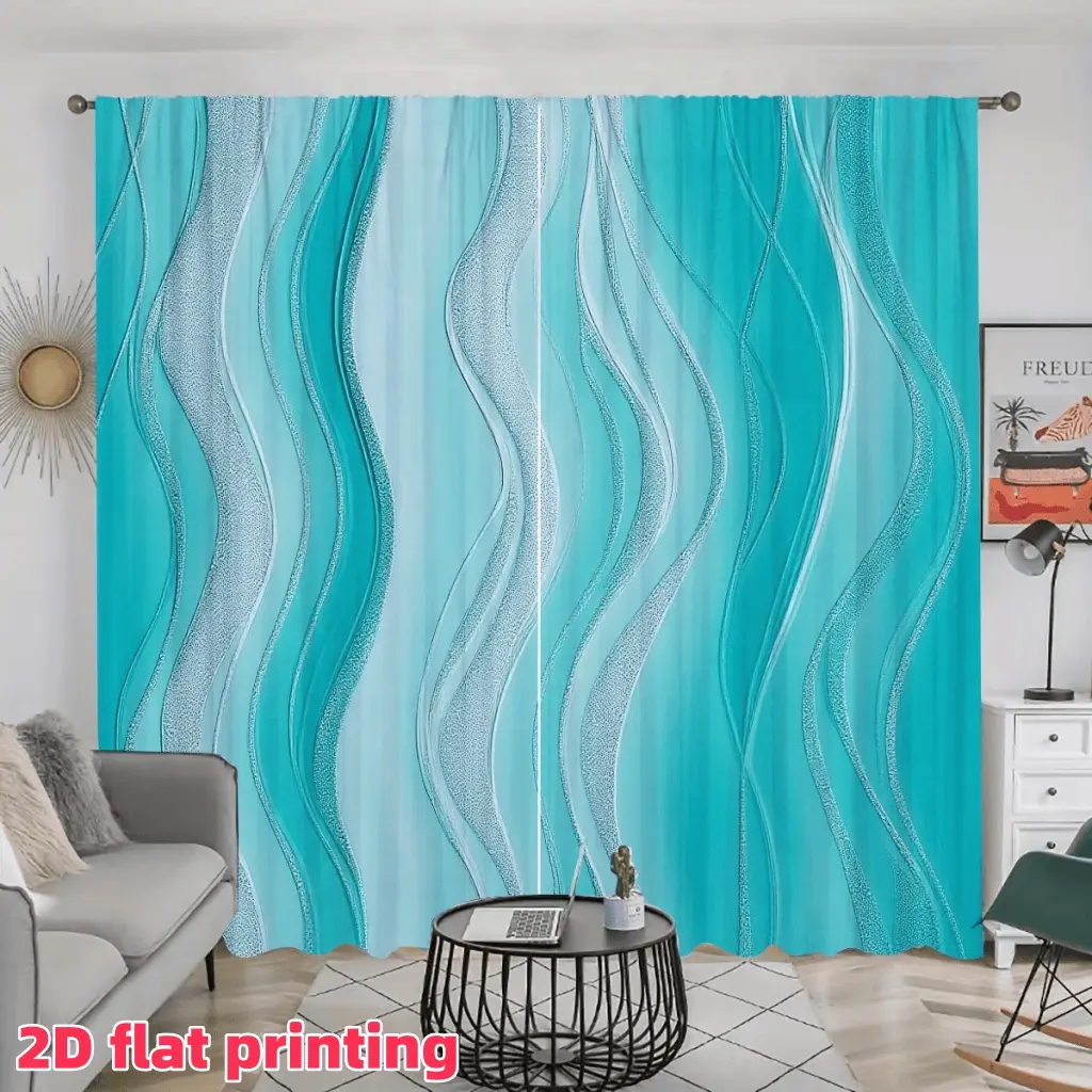 2D Flat 2Pcs Abstract Wave Printed Sheer Curtains, Gradient Blue and White Swirl Pattern Drapes, Voile Window Treatments for Living Room, Bedroom, Balcony, Kitchen, Study, Office, Apartment Decoration, Accessory, Anti Privacy.