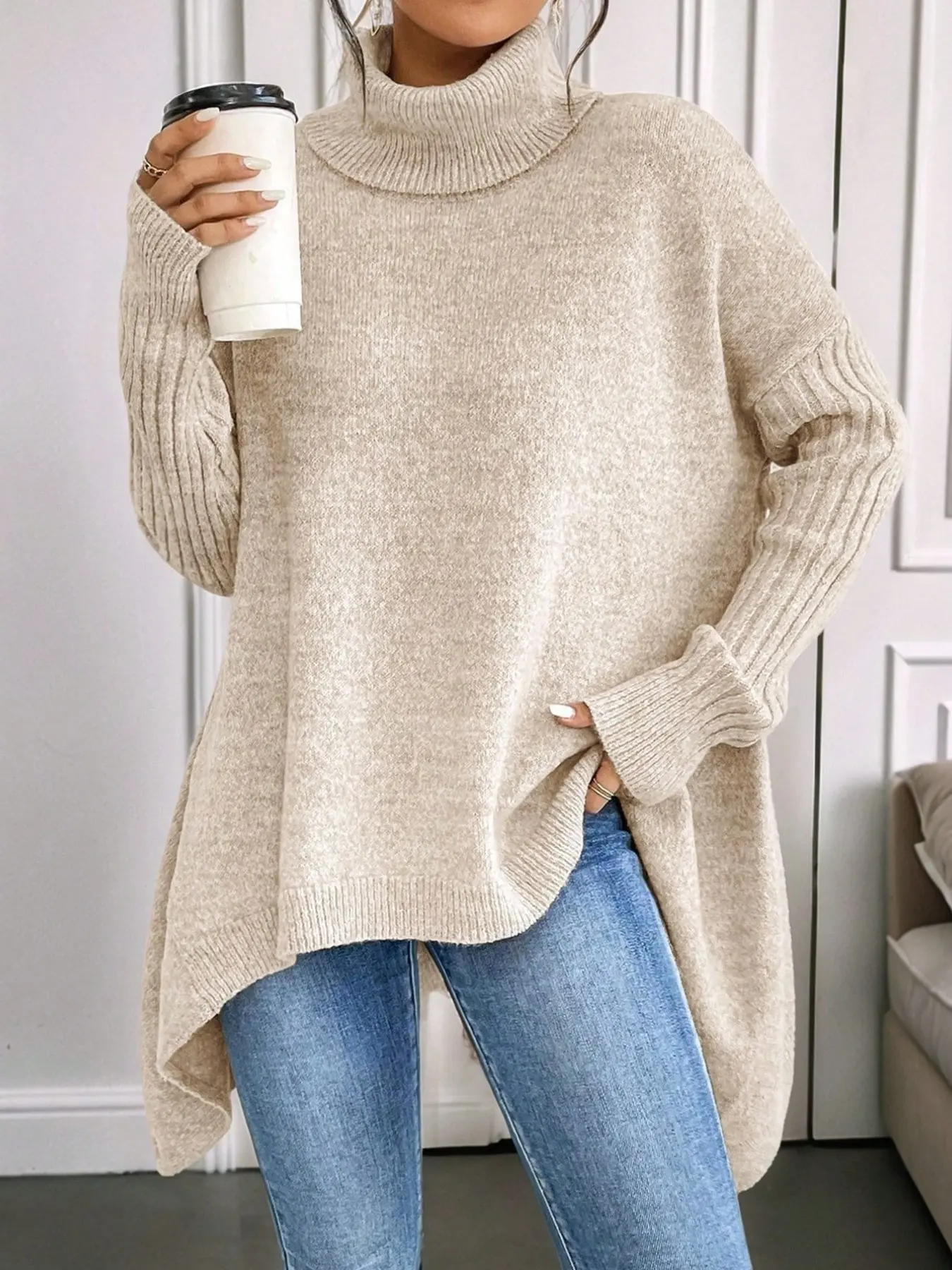 Women’s Turtleneck Sweater | Oversized Asymmetrical Hem Knit Pullover | Drop Shoulder Ribbed Long Sleeve Loose Tunic Top for Fall Winter, Casual, Office & Going Out