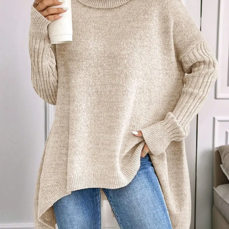 Women's Turtleneck Sweater | Oversized Asymmetrical Hem Knit Pullover | Drop Shoulder Ribbed Long Sleeve Loose Tunic Top, Slouchy Pullover Top for Fall Winter, Casual, Office & Going Out