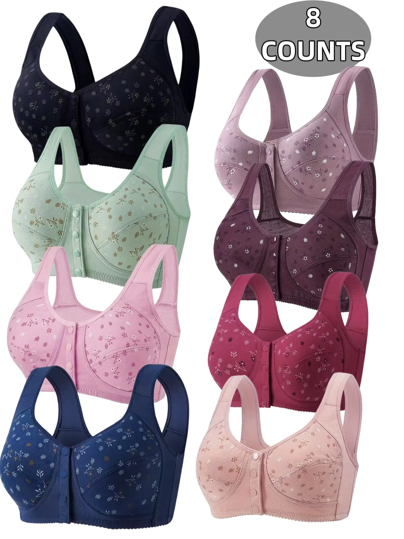 8-Pack Wireless Push-Up Bras, Seamless Comfort Fit, Daily Wear Underwire-Free Bra, Breathable Soft Fabric, Full Day Support