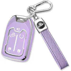 GMC Key Fob Cover with Keychain Soft TPU Protection Case Compatible with GMC Acadia Sierra Terrain and Chevy Silverado 5-Buttons(Chrome Trim Purple)